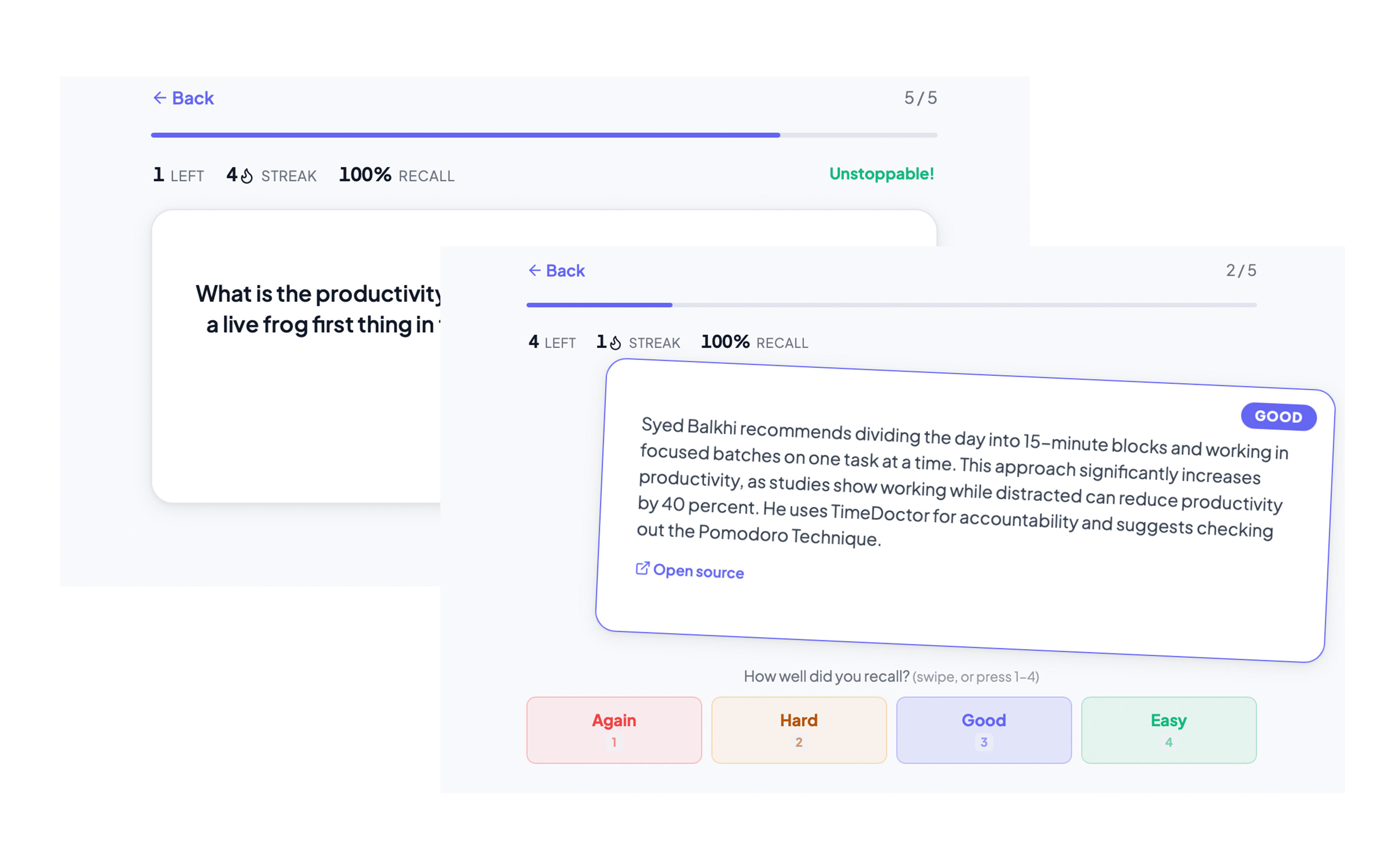 AI-built flashcards for spaced recall review